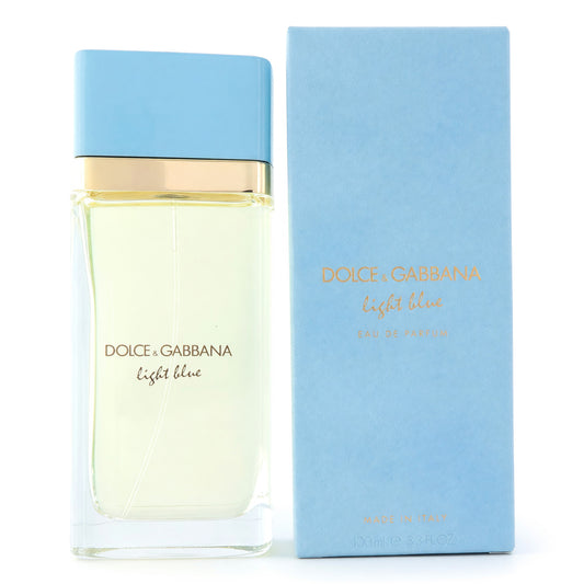 Light blue women’s Dolce & Gabbana EDP spray bottle with light blue box
