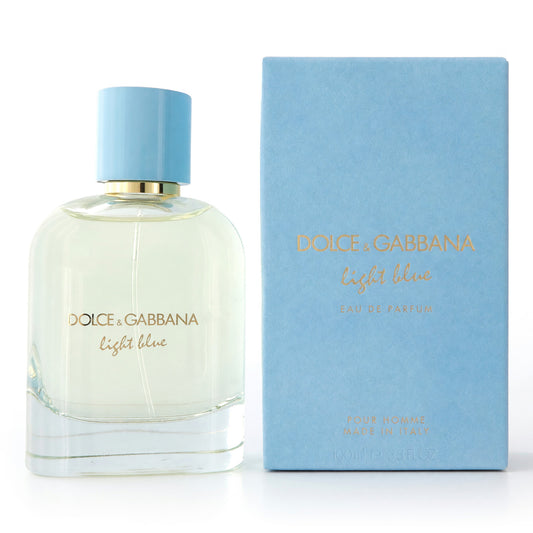 Men's eau de parfum spray bottle with light-blue cap and matching box