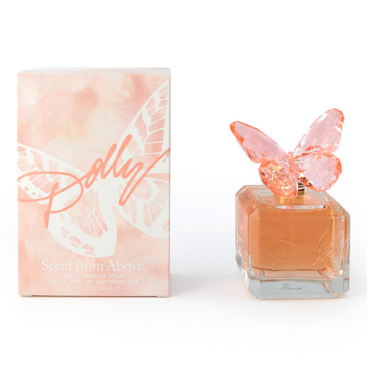 Women’s eau de parfum spray bottle and pink box, with pink butterfly cap