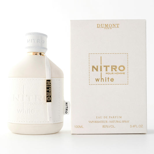 Dumont Nitro White men's eau de parfum spray, white bottle with gold cap and matching box