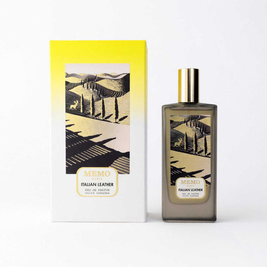 Memo Italian Leather EDP spray bottle with gold cap and matching product box