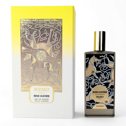 Memo Paris Irish Leather EDP spray bottle with metallic cap and matching box