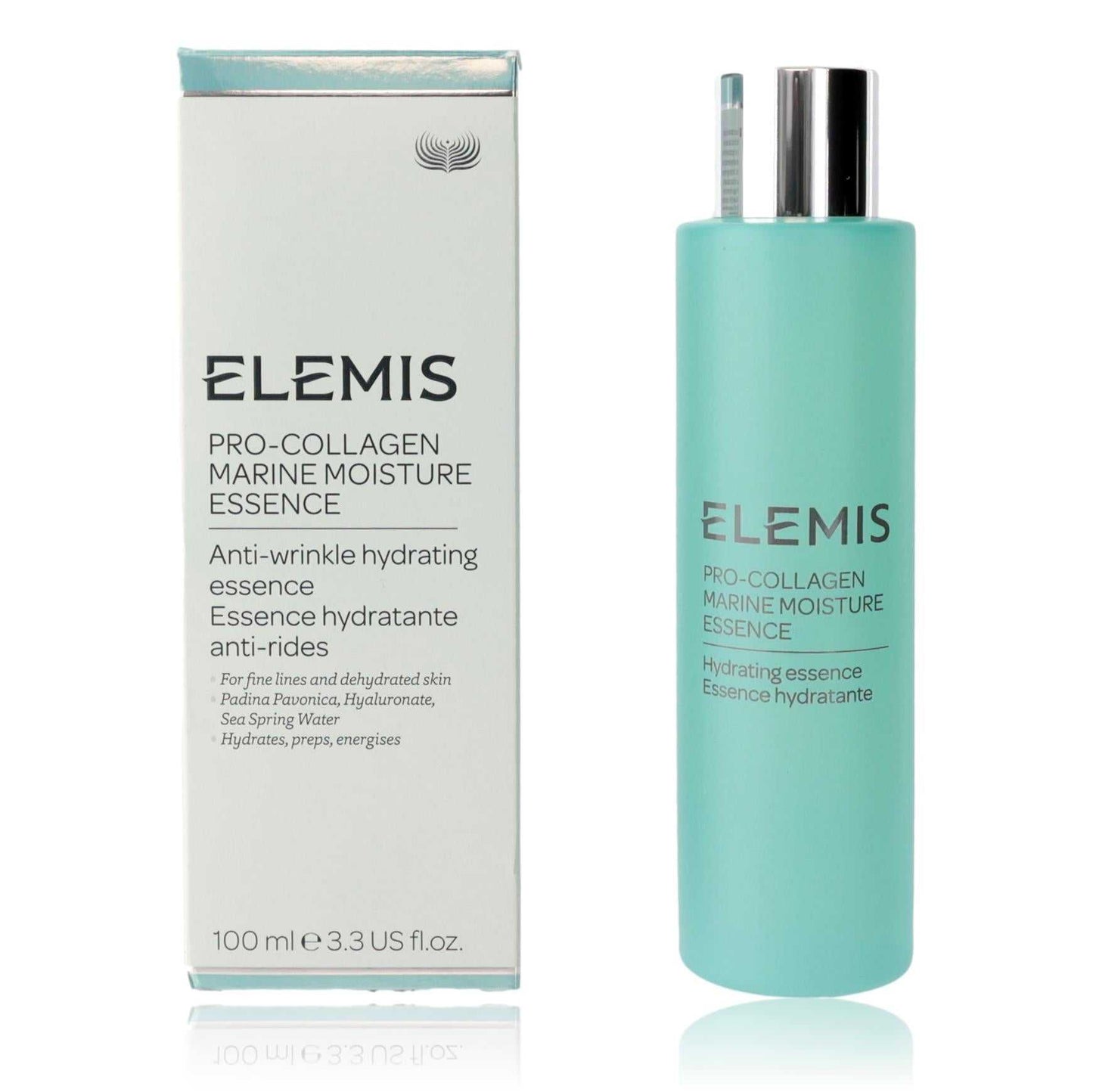 Turquoise Elemis pro-collagen marine moisture essence bottle with silver pump cap, shown with box