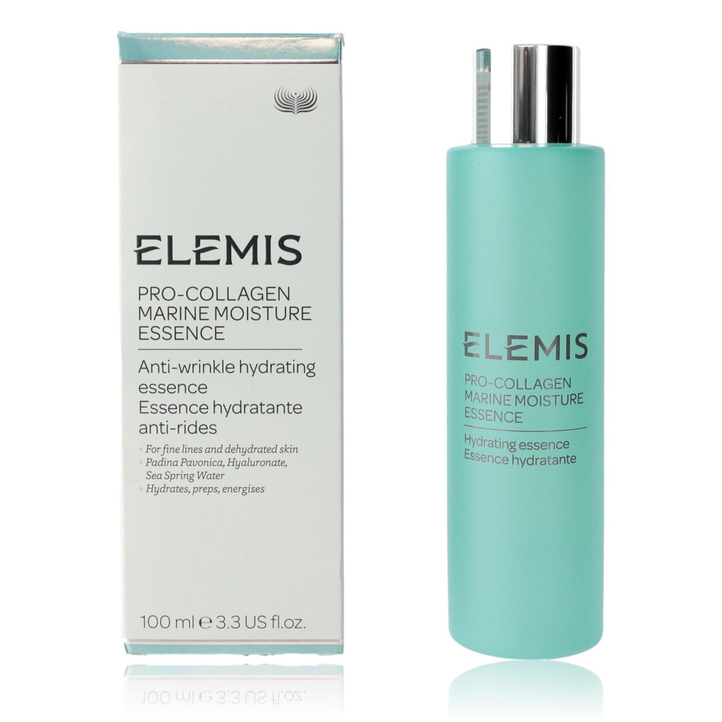Elemis Pro-Collagen Marine Moisture Essence hydrating bottle and box, 100 ml