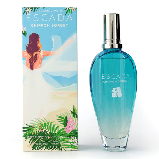 Escada Chiffon Sorbet EDT perfume bottle with blue glass and silver cap