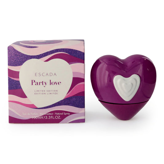 Purple heart-shaped perfume bottle with matching Party Love limited edition box