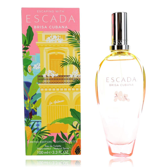 Escada Brisa Cubana EDT spray bottle with gold cap and pink floral label