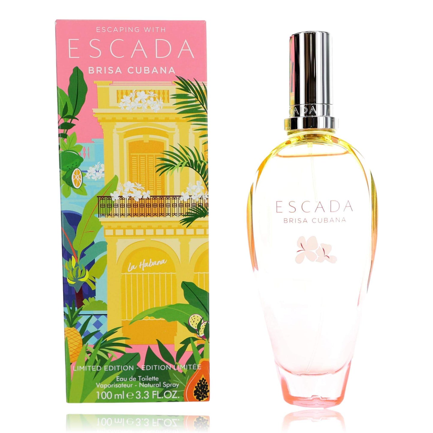 Escada Brisa Cubana EDT spray bottle with gold cap and pink floral label