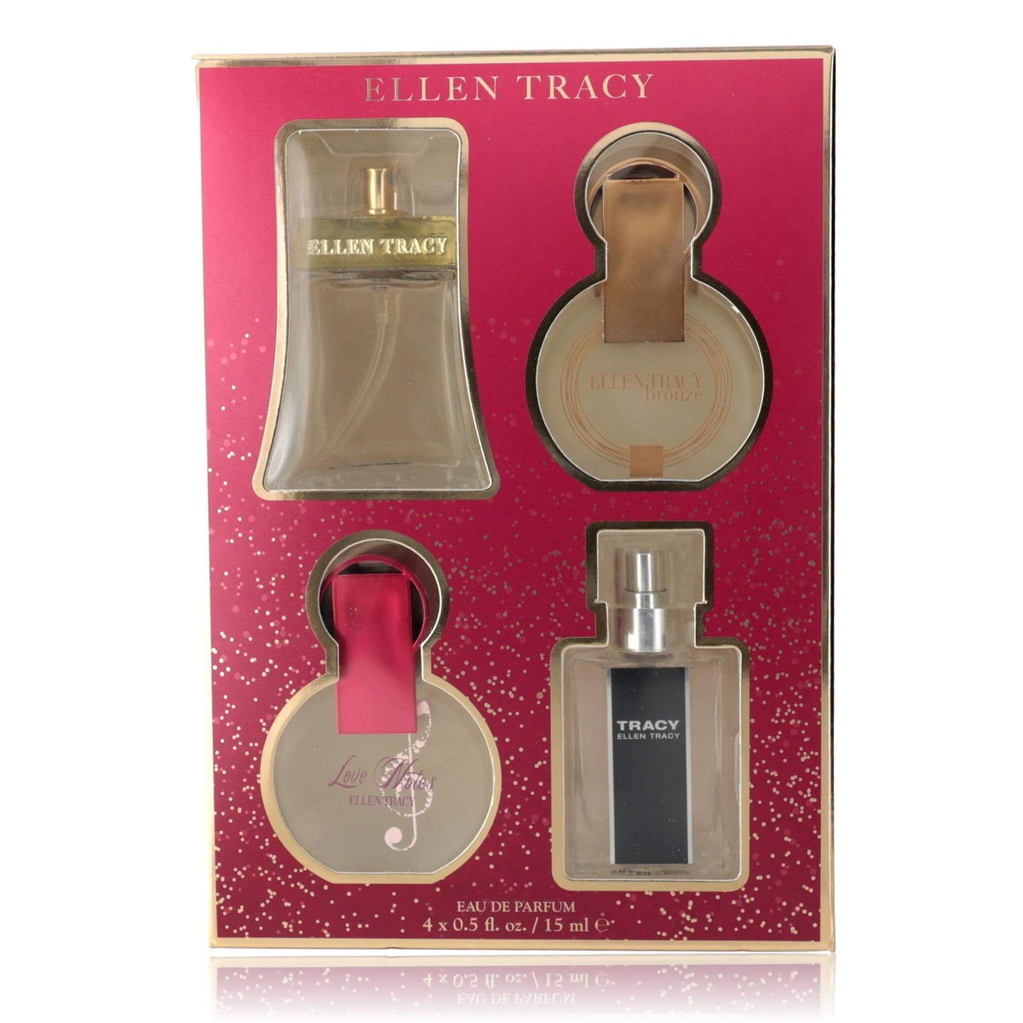 4-piece women’s perfume gift set with four glass fragrance bottles in box