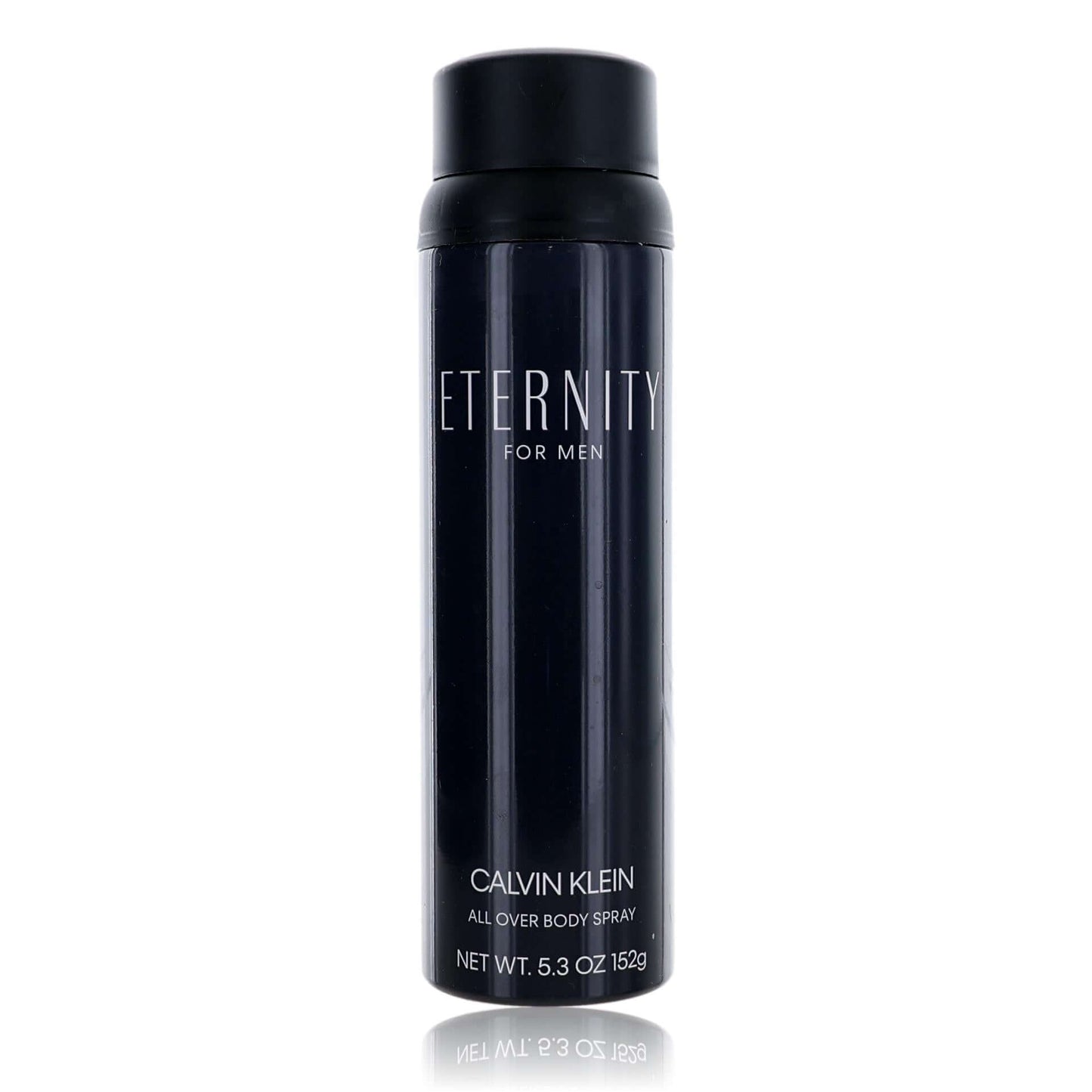 Calvin Klein Eternity all-over body spray can with black cap, 5.3 oz label