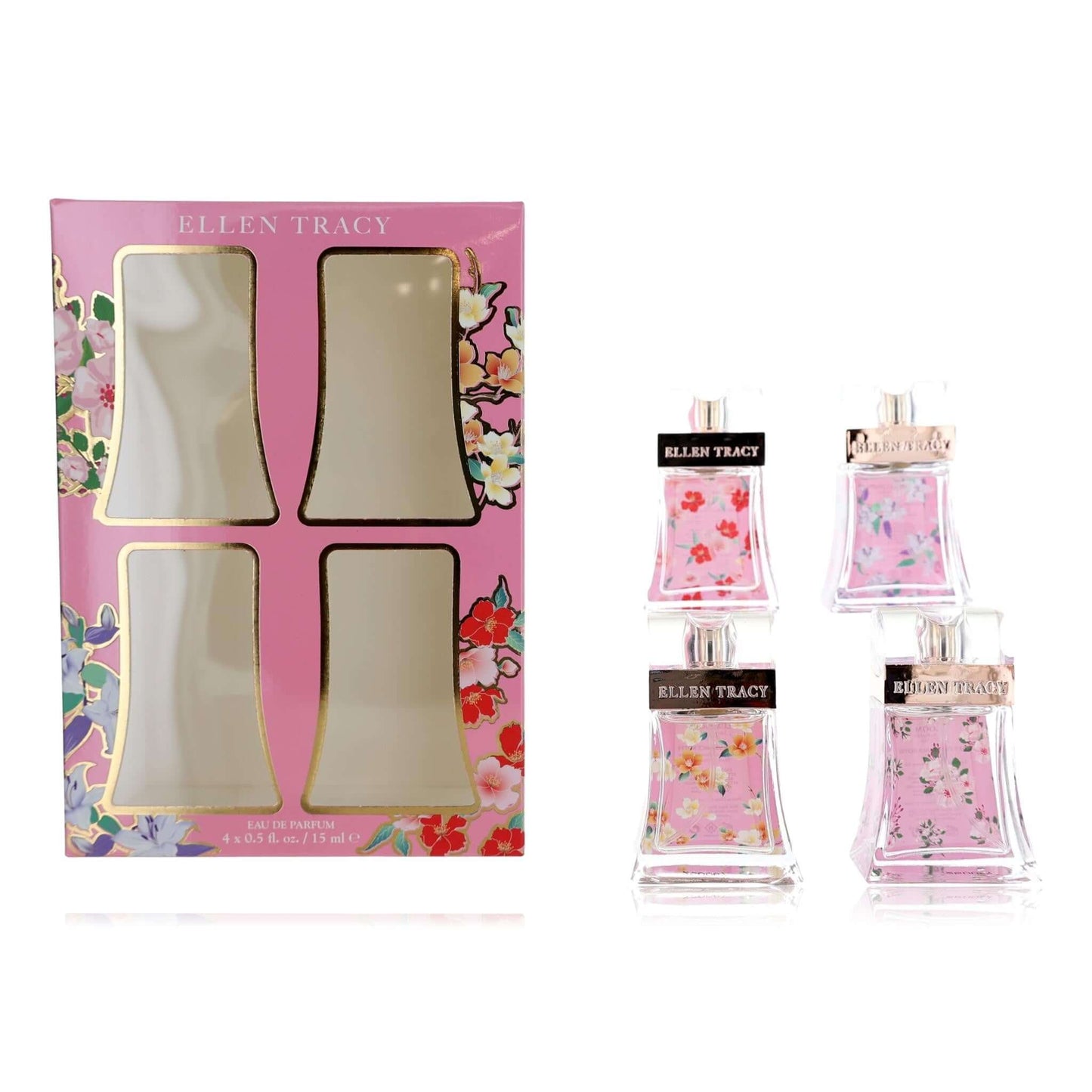 Women's 4-piece floral set in pink packaging, four bottles in clear holders