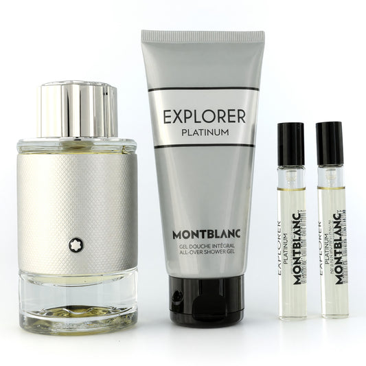 Mont Blanc Explorer Platinum 4-piece set: gel tube, spray bottle, two roller vials