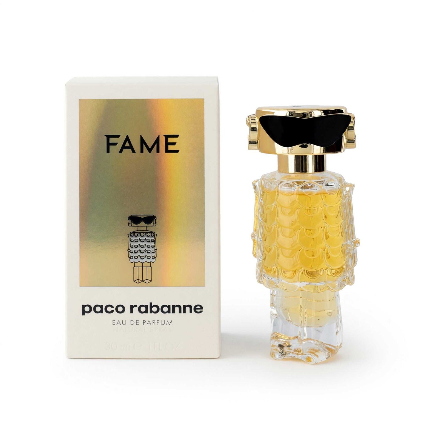 Women's eau de parfum spray bottle with gold cap, Paco Rabanne box