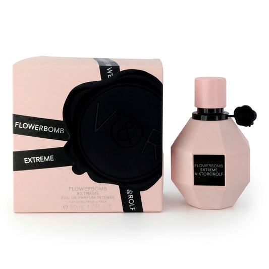 Women's floral perfume EDP spray bottle with black cap and gift box labeled FLOWERBOMB EXTREME