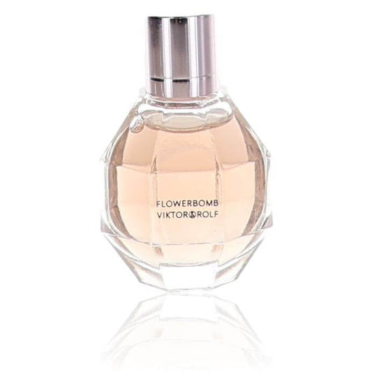 Flowerbomb perfume splash bottle by Viktor & Rolf, clear glass, silver cap