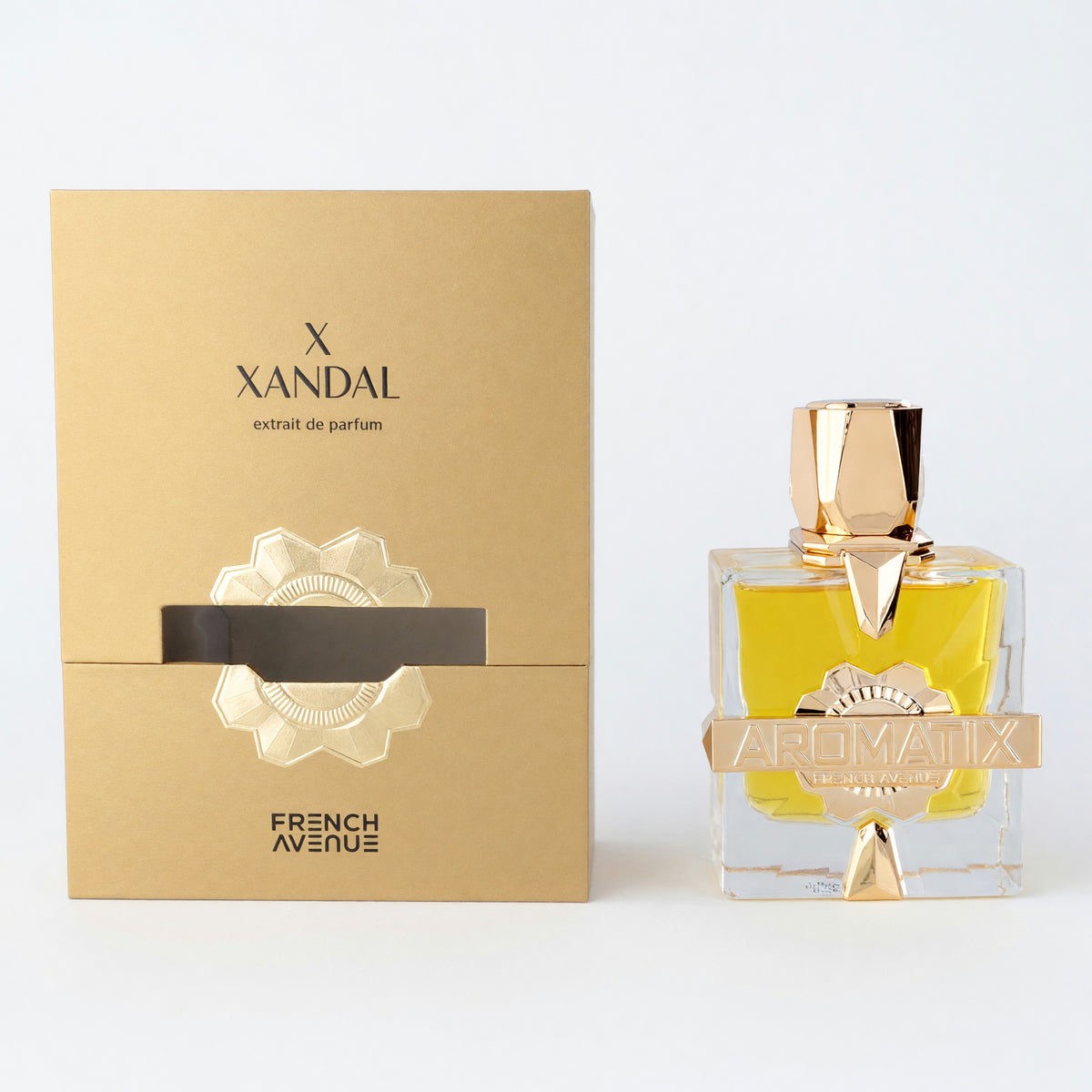 Unisex extrait de parfum spray in clear gold bottle with XANDAL French Avenue box