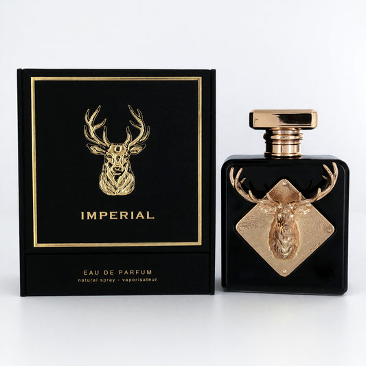 Eau de parfum spray bottle with black glass, gold deer-head emblem and gold spray cap