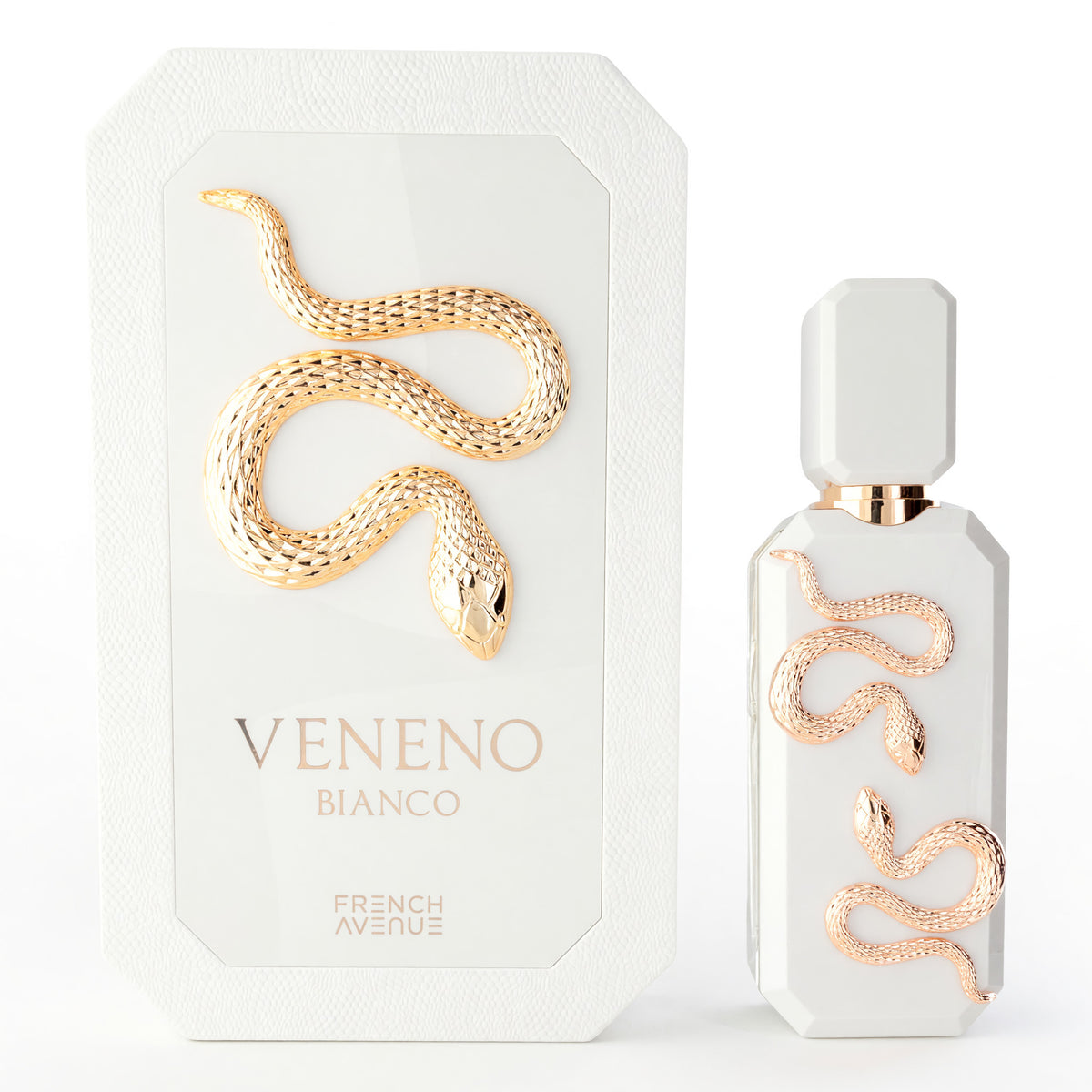White EDP spray bottle with gold snake design, French Avenue branding