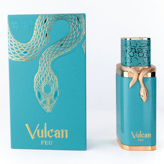 Unisex EDP spray perfume bottle and box, teal with gold accents and Vulcan logo