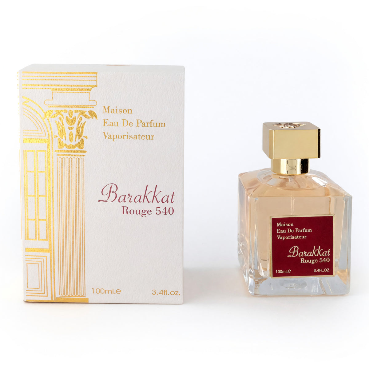 Eau de parfum spray bottle with box, gold cap, amber liquid