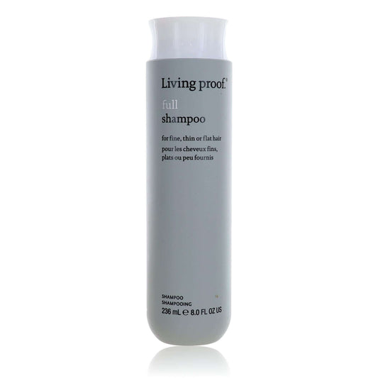 Grey shampoo bottle with white cap, Living proof full shampoo, 8.0 fl oz
