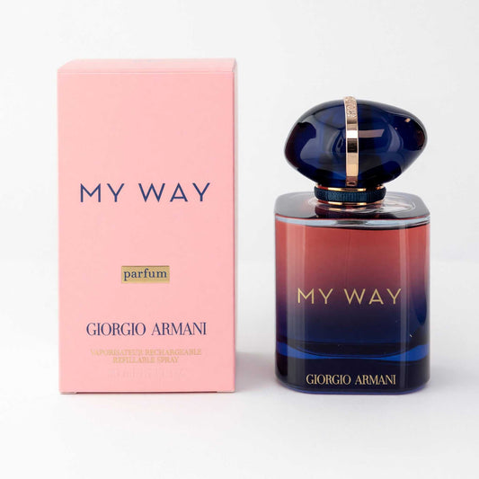 Women's parfum spray bottle with blue glass and pink My Way Giorgio Armani box