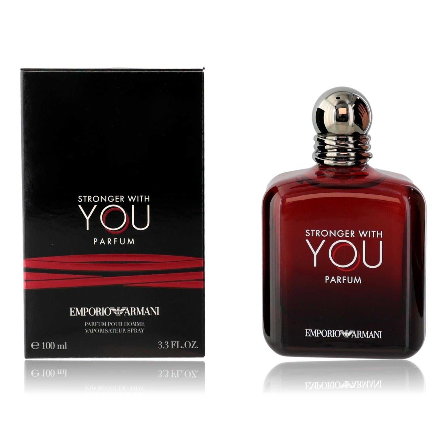 Emporio Armani Stronger with You menâs parfum spray bottle with chrome cap and dark red glass