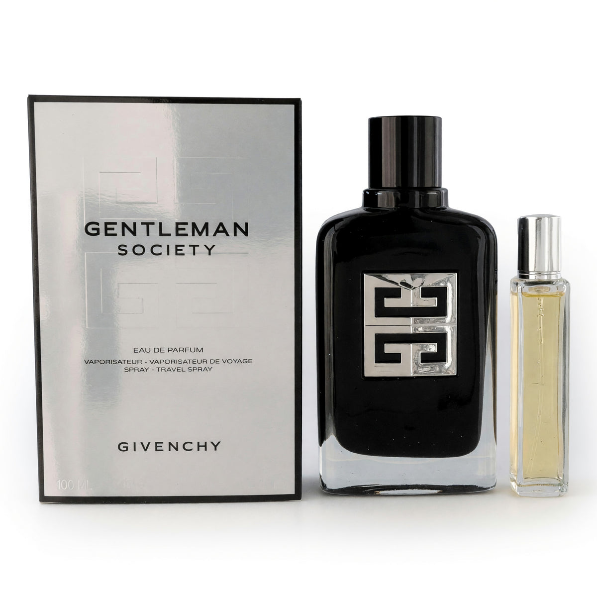Men's Givenchy fragrance gift set: black eau de parfum bottle and small travel spray