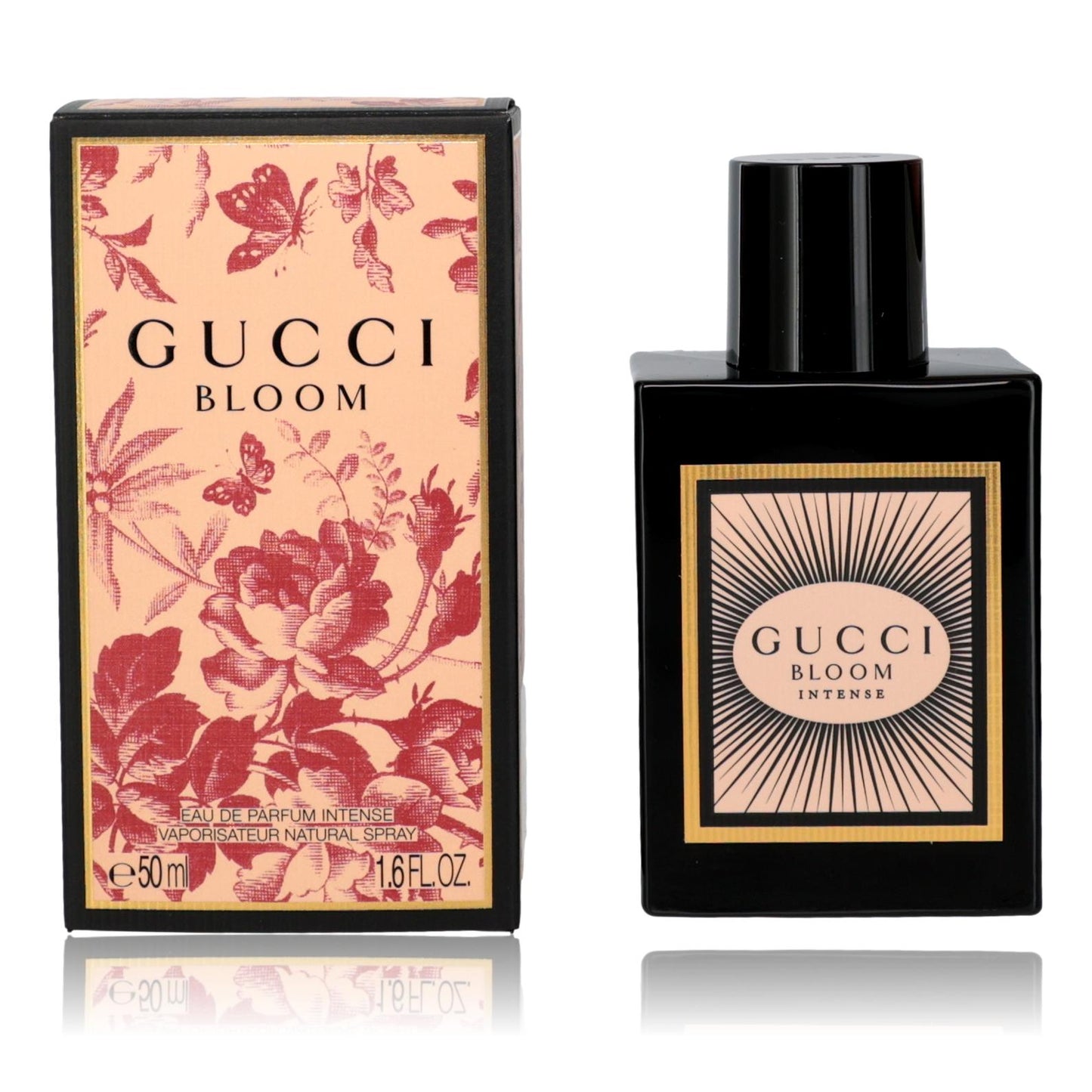 Perfume set: beige floral box and black Gucci Bloom Intense EDP spray bottle.