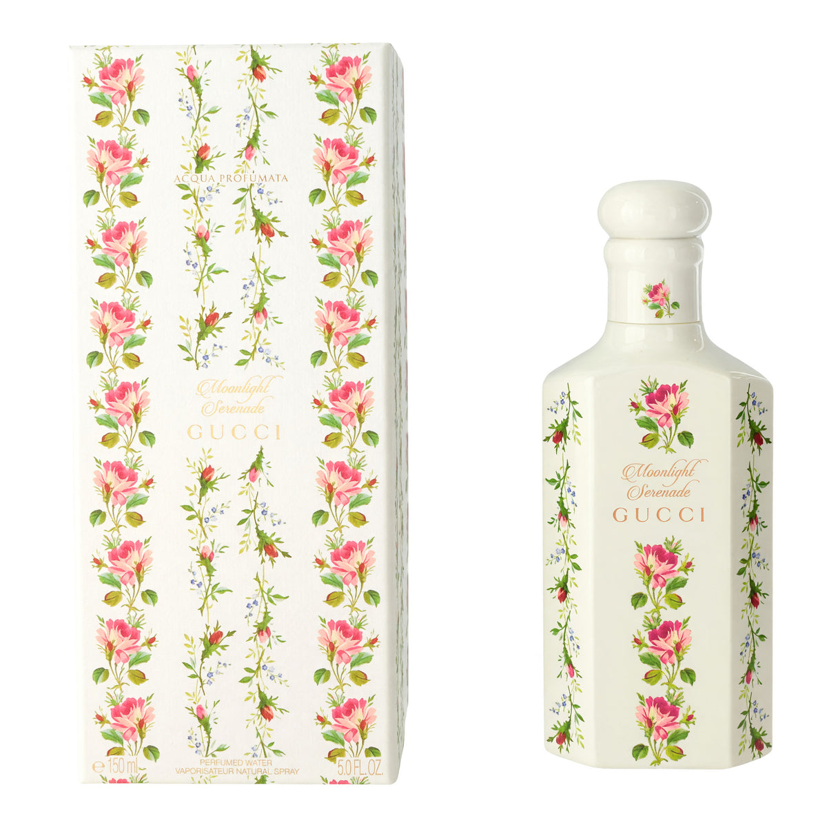 Gucci Moonlight Serenade eau de parfum bottle and floral box, cream packaging with pink flowers
