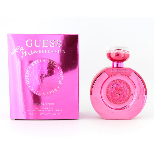 Women’s EDP spray: pink rounded bottle with red cap and pink “Guess” box