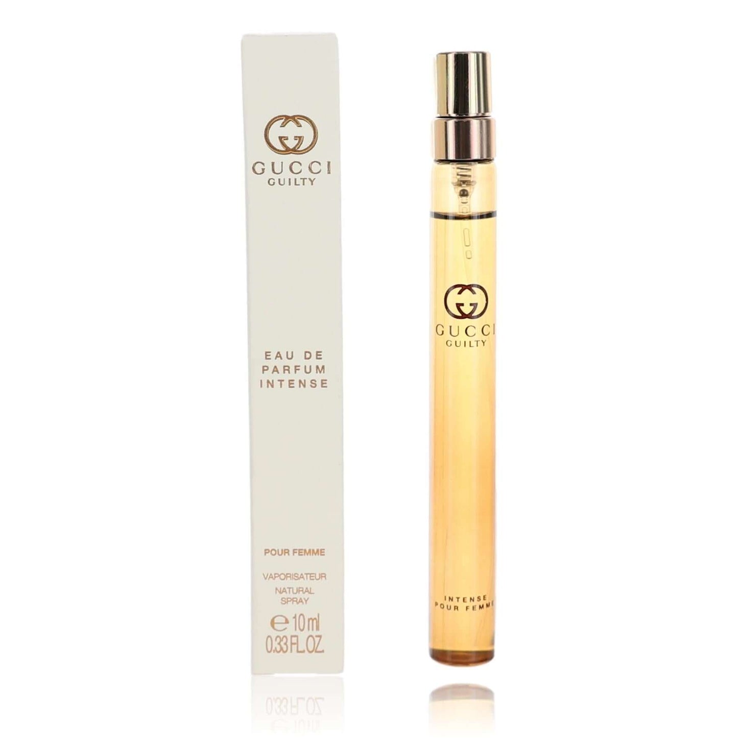 Gucci Guilty eau de parfum intense spray, amber glass bottle with gold cap and box.