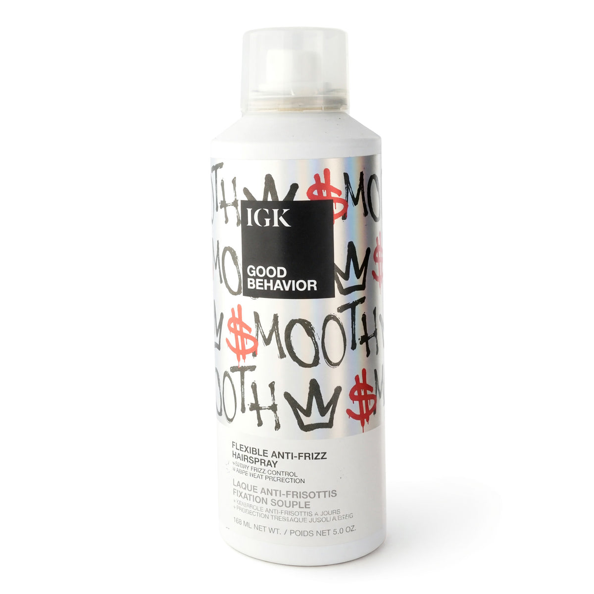IGK Good Behavior flexible anti-frizz hairspray bottle, white with spray cap