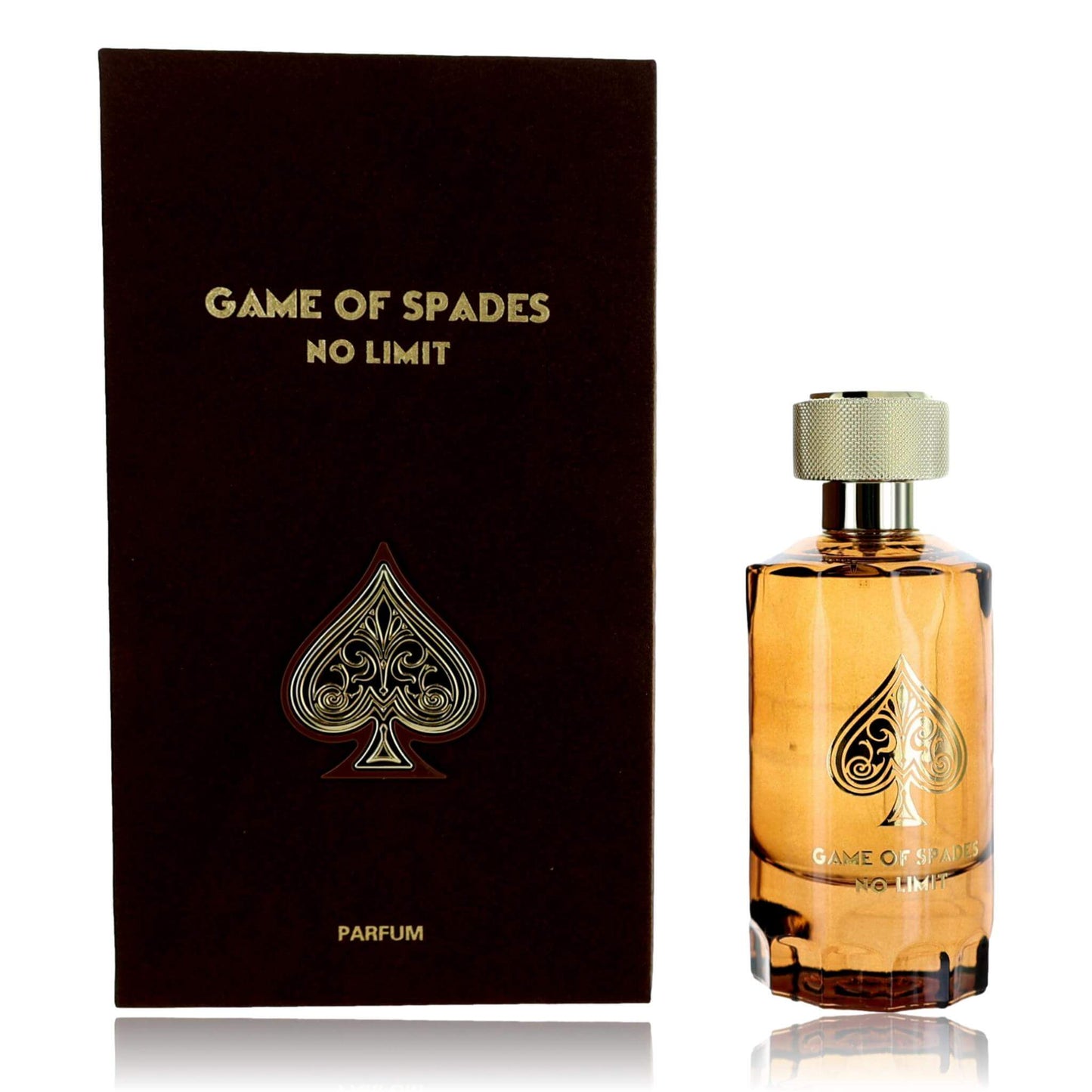 Perfume spray bottle with gold cap and amber liquid, shown with dark box