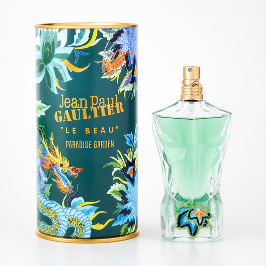 Men's EDP spray with glass bottle and Paradise Garden illustrated tin, clear green liquid