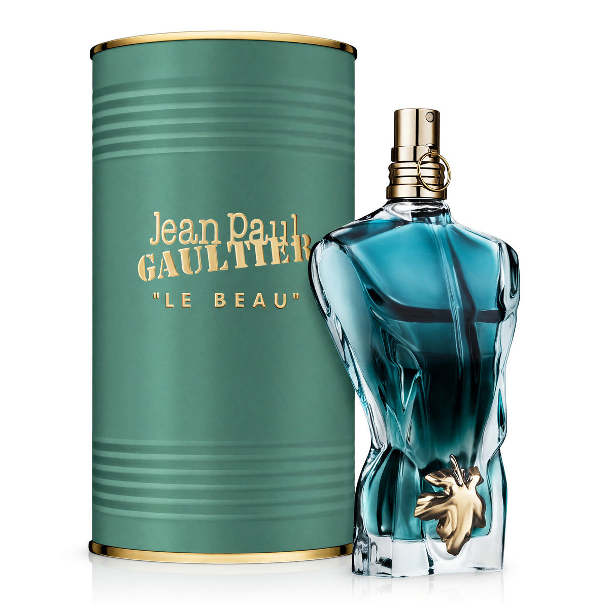 Jean Paul Gaultier Le Beau men's EDT spray bottle, teal glass with gold accents