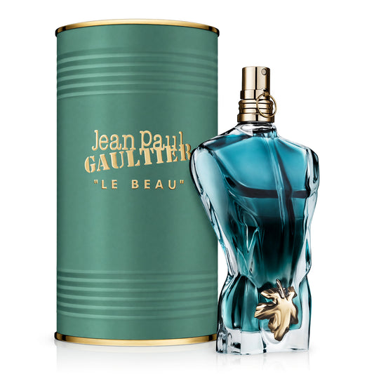 Jean Paul Gaultier Le Beau men's EDT spray bottle, teal glass with gold accents