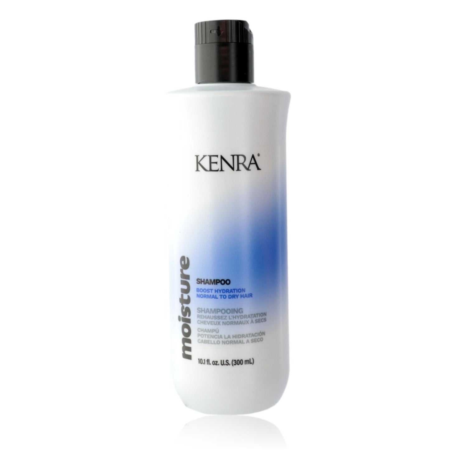 Kenra Moisture shampoo bottle with black cap, white bottle, 10.1 oz