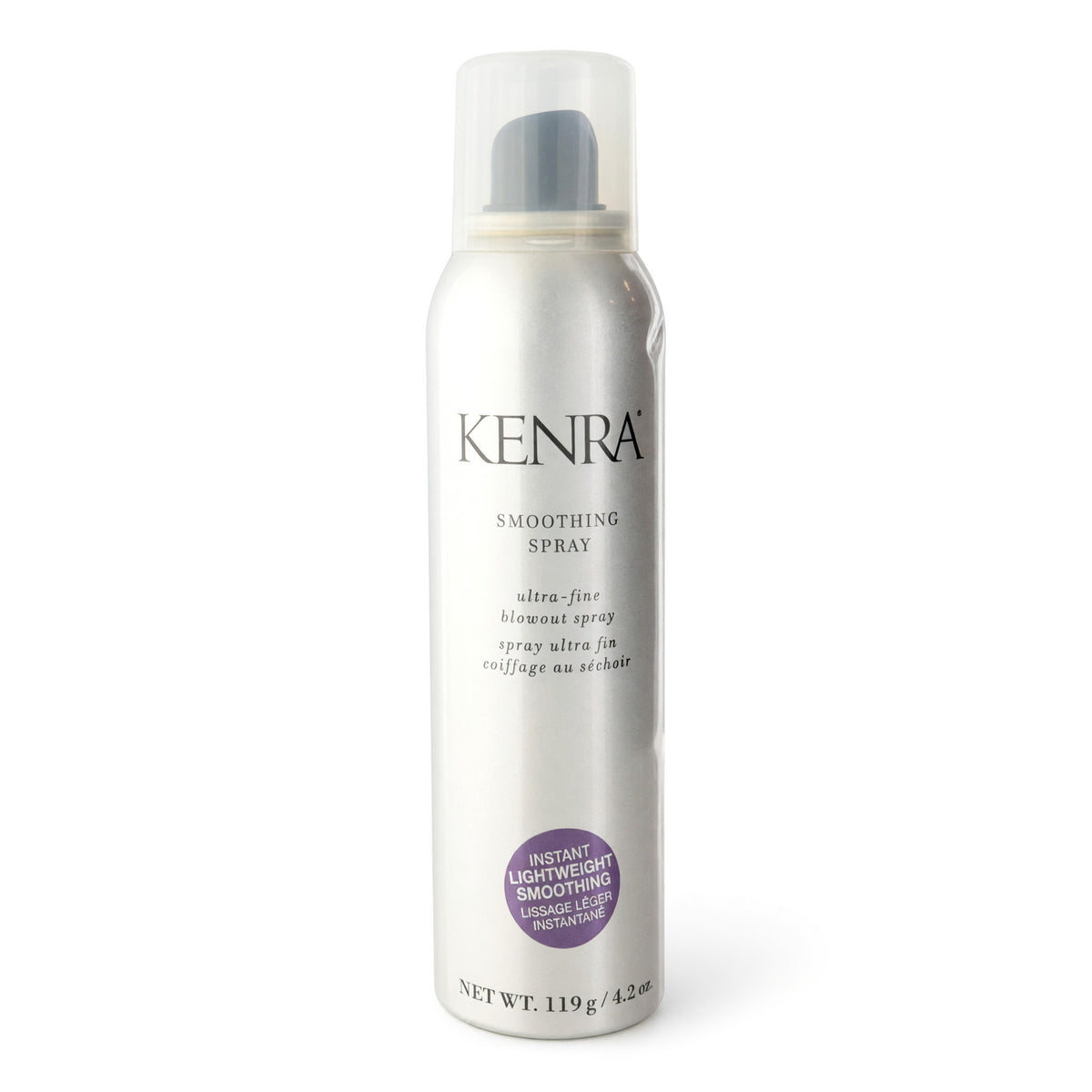 Kenra smoothing spray bottle, white can with dark pump cap, 4.2 oz