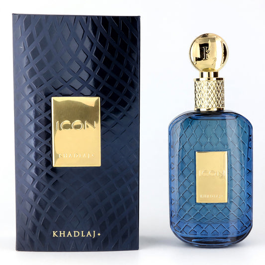 Unisex eau de parfum set: blue glass spray bottle with gold cap and dark box
