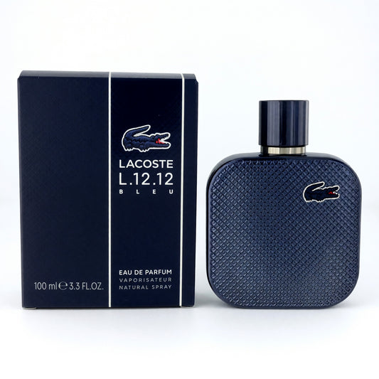 Lacoste L.12.12 Bleu men's Eau de Parfum spray bottle, dark blue with textured label and logo