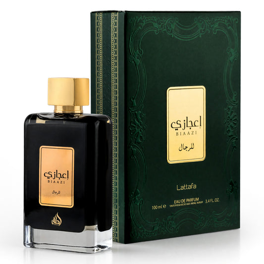 Ejaazi by Lattafa unisex eau de parfum spray bottle with gold cap and green box