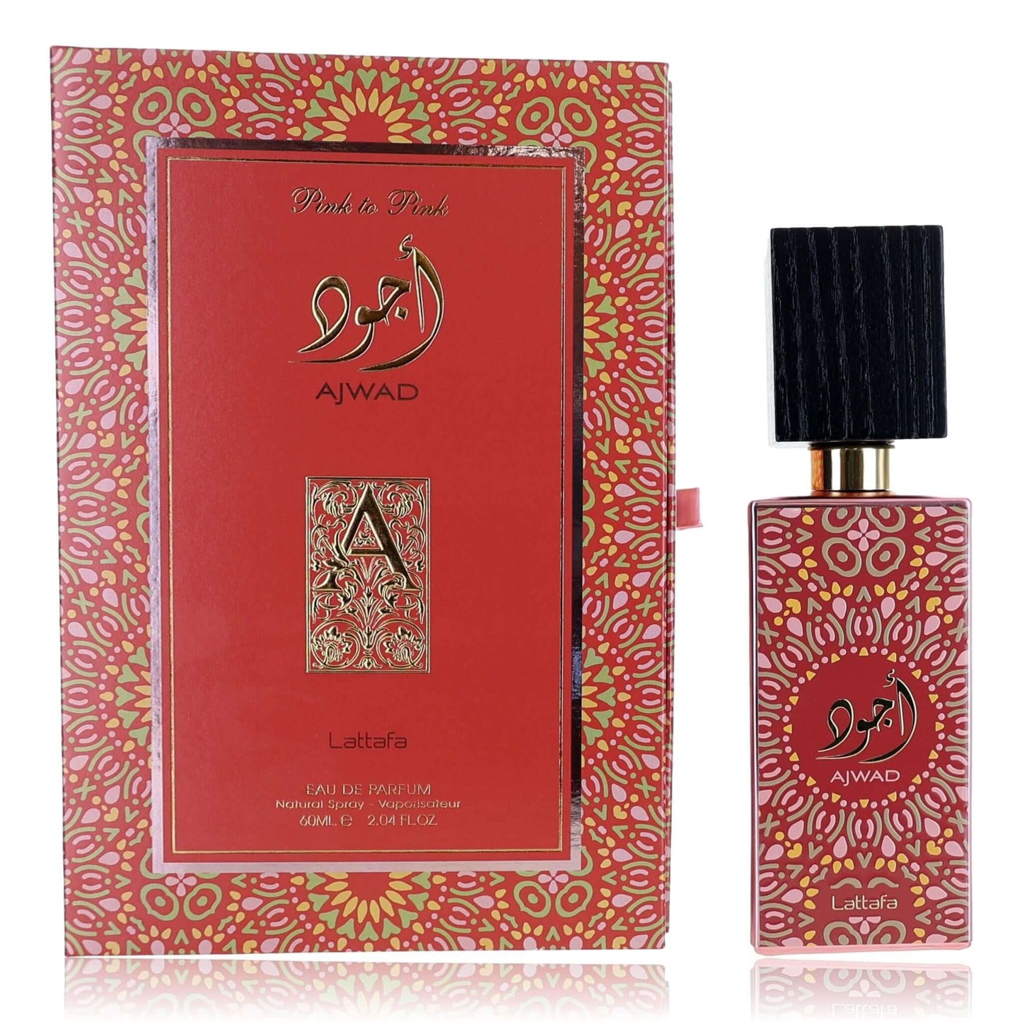 Unisex EDP spray perfume bottle with red label and ornate gold details, in box