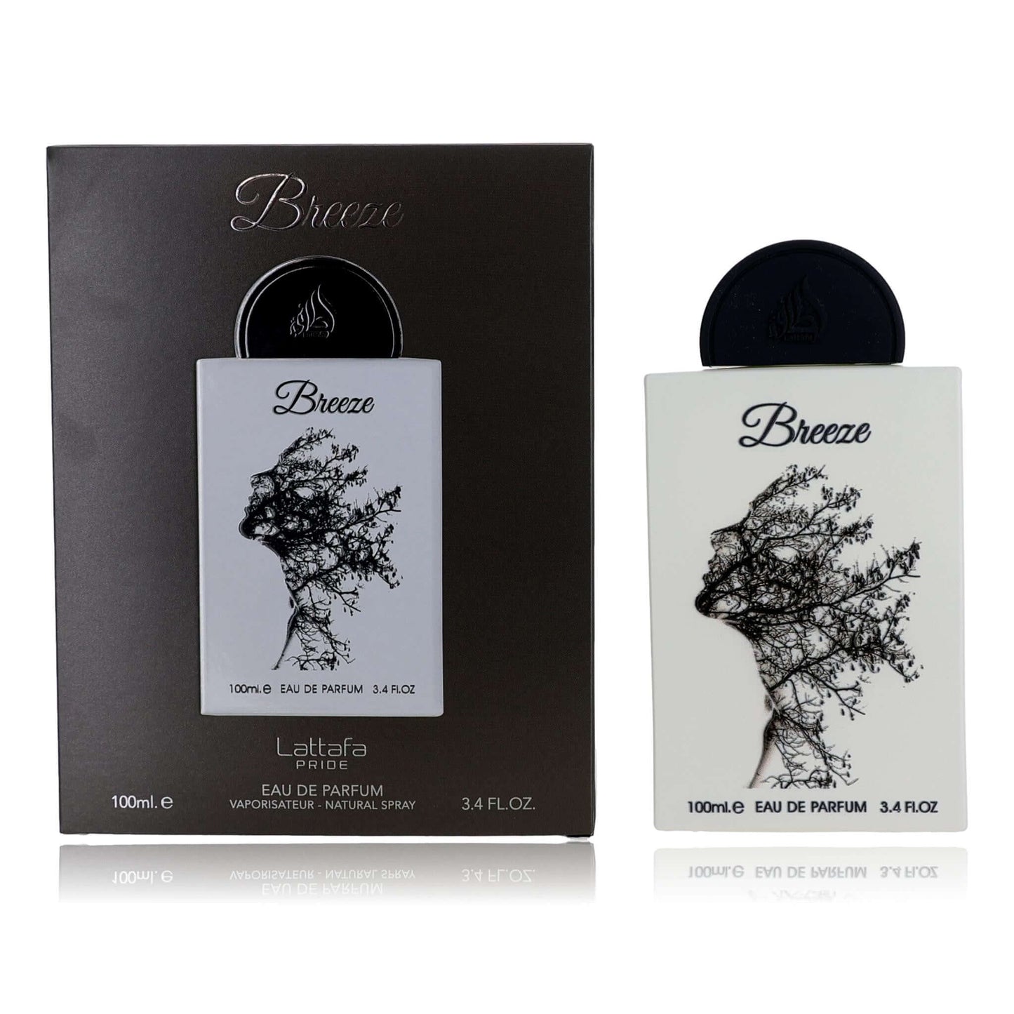 Eau de parfum spray box and bottle with Breeze label, dark and white packaging