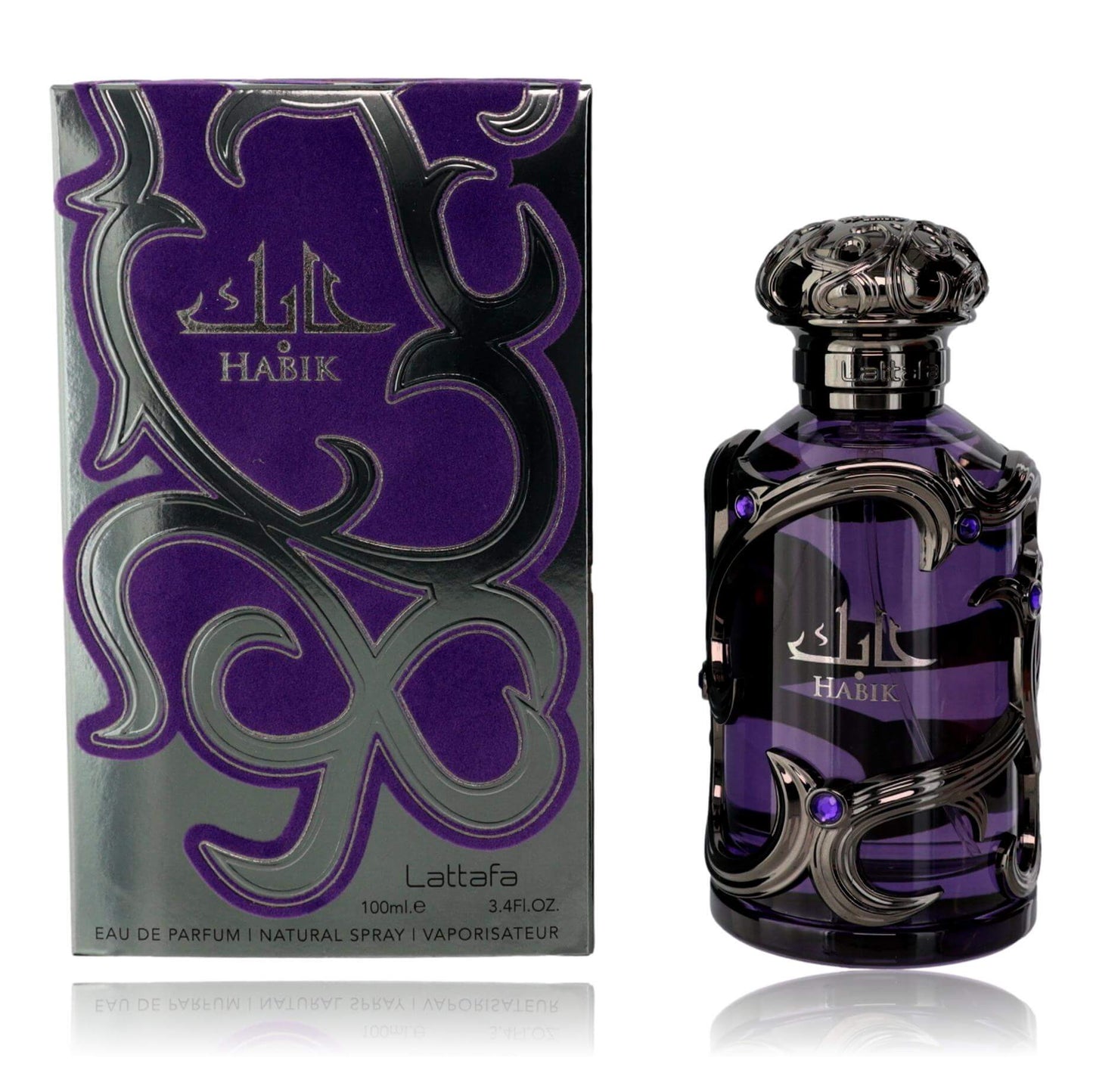 Habik by Lattafa men's Eau de Parfum spray, purple glass bottle and box.