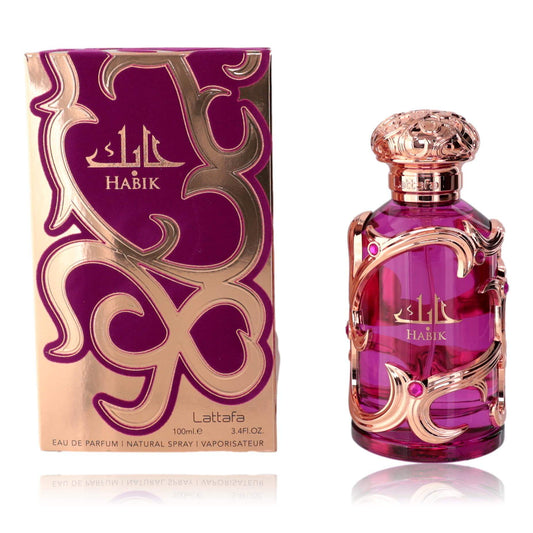 Habik by Lattafa perfume set: purple bottle with ornate gold cap, matching box