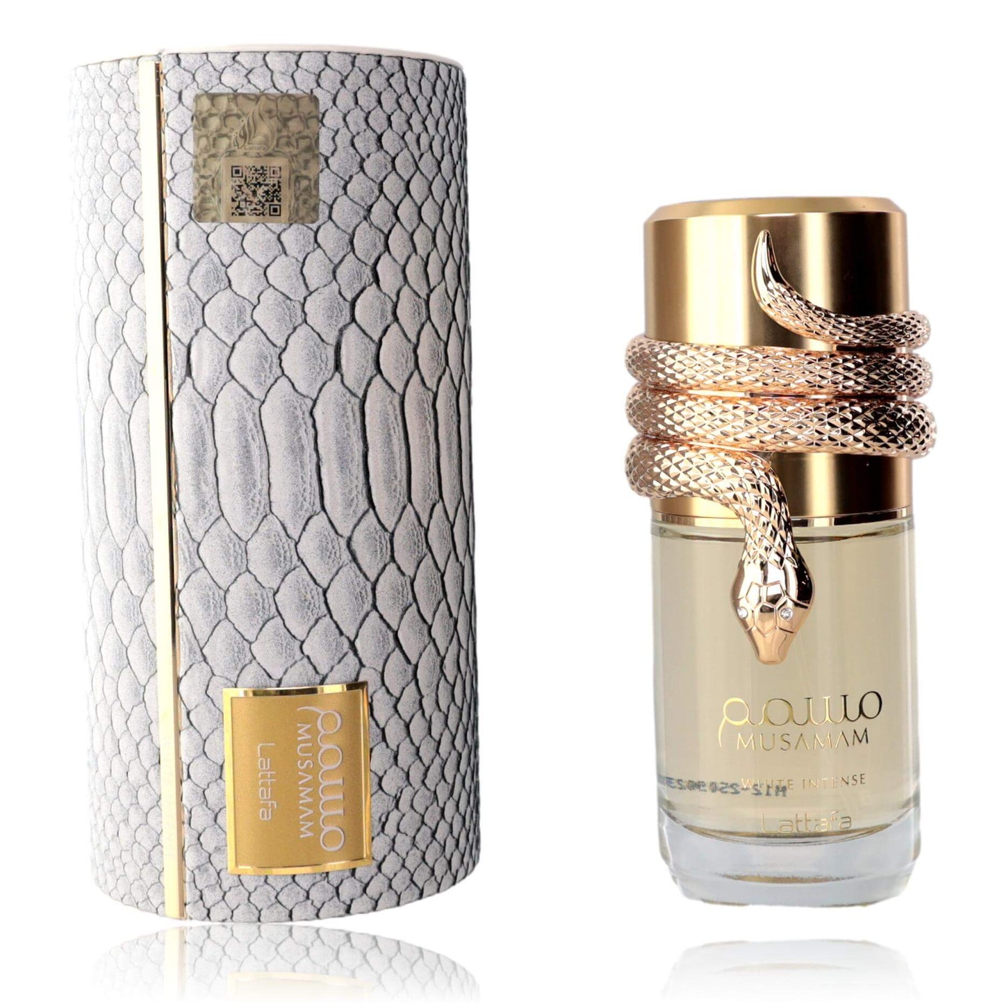Unisex Eau de Parfum spray bottle with gold cap and textured light-gray case