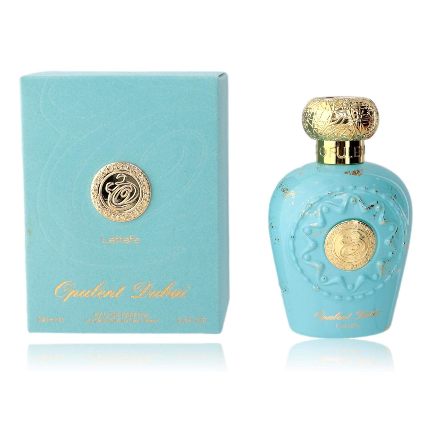 Light blue perfume bottle with gold cap and matching box for unisex EDP spray