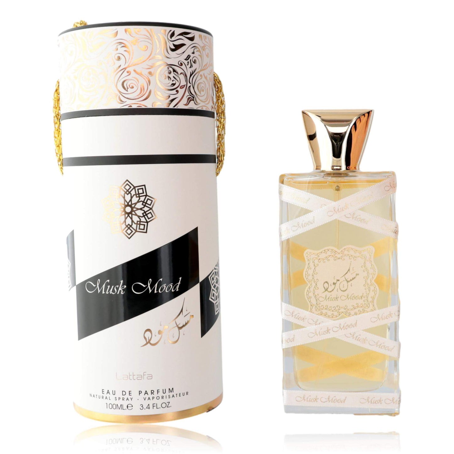 Musk Mood by Lattafa, 3.4 oz EDP Spray for Unisex packaged in elegant bottle and decorative box.