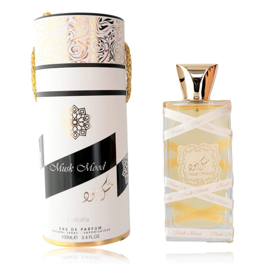 Musk Mood by Lattafa, 3.4 oz EDP Spray for Unisex packaged in elegant bottle and decorative box.